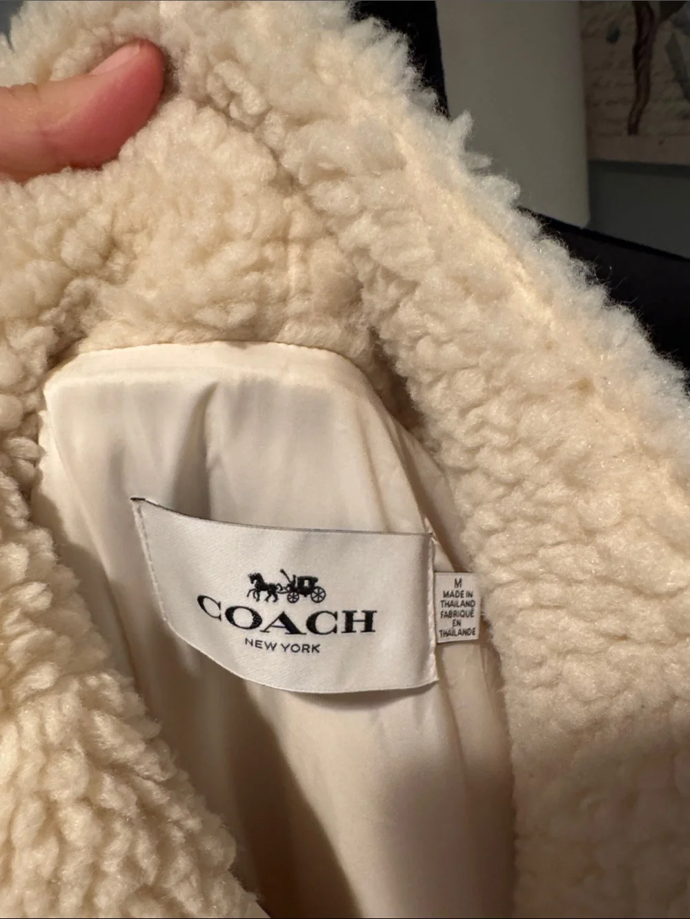 Coach Cream White Puffer Sherpa Jacket with Navy Pocket
